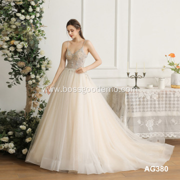 sleeveless halter beaded wedding dress long trailing bright silk bridal gown